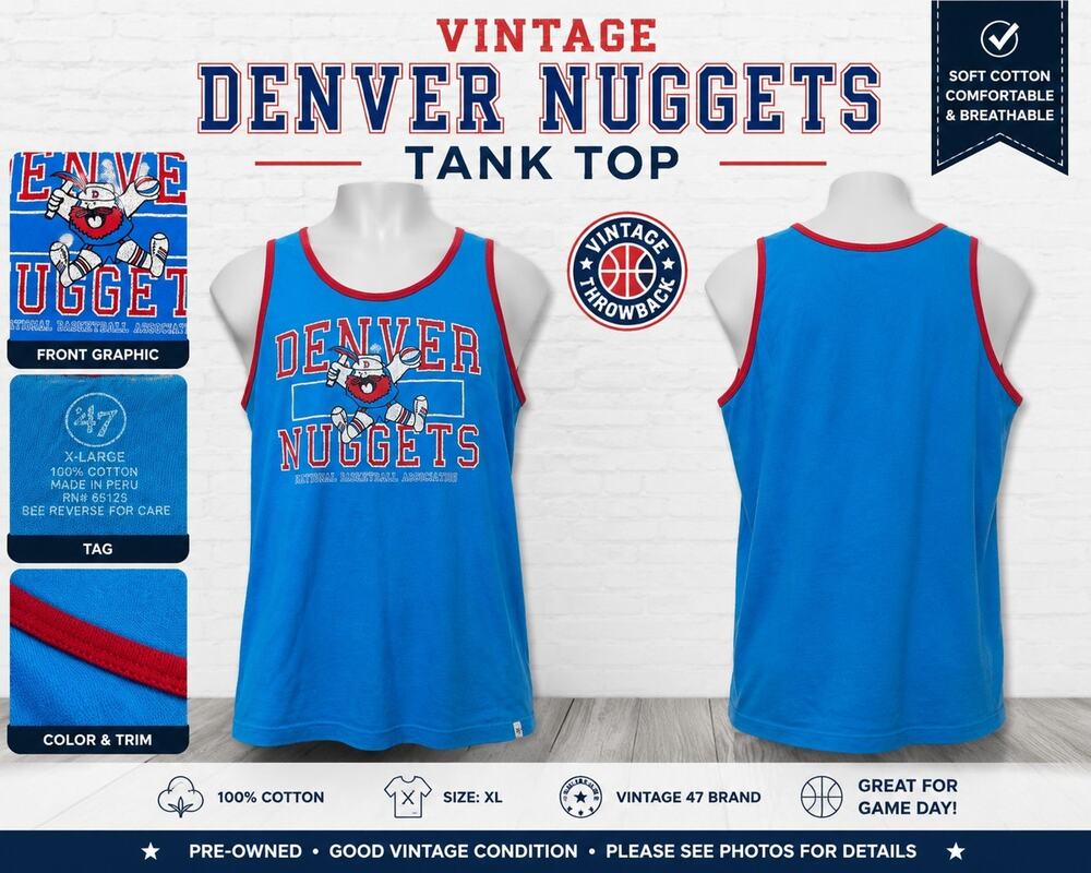 Vintage Denver Nuggets Tank Top Men's XL 47 Brand Blue Graphic NBA Basketball